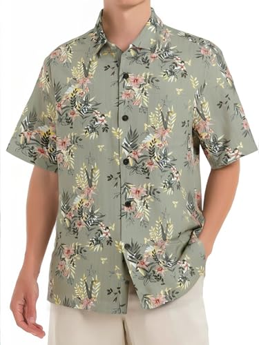 Havana Breeze Hawaii-Shirts für Herren, 100 % Seide, kurzärmelig, bedruckt, Strandhemd, entspannte Passform, tropische Sommerhemden, Sellerie-grüner Druck, L von Havana Breeze