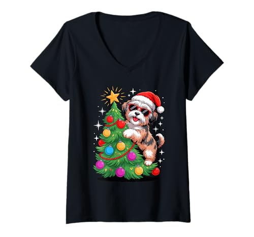 Damen Christmas Tree Havanese Sunglasses Havaneses T-Shirt mit V-Ausschnitt Damen Christmas Tree Havanese Sunglasses Havaneses T-Shirt mit V-Ausschnitt von Havaneses Havanese Dog Lover Gifts