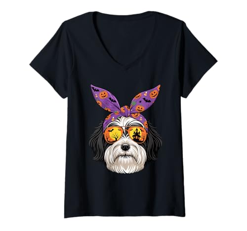 Damen Halloween Bandana Havanese T-Shirt mit V-Ausschnitt Damen Halloween Bandana Havanese T-Shirt mit V-Ausschnitt von Havaneses Havanese Dog Lover Gifts