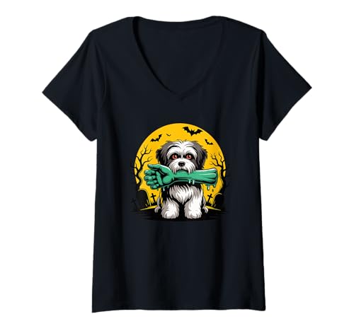 Damen Halloween Mond Zombie Hand Havanese Havaneses T-Shirt mit V-Ausschnitt Damen Halloween Mond Zombie Hand Havanese Havaneses T-Shirt mit V-Ausschnitt von Havaneses Havanese Dog Lover Gifts