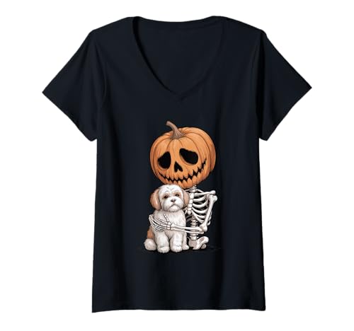 Damen Halloween Skeleton Havanese T-Shirt mit V-Ausschnitt Damen Halloween Skeleton Havanese T-Shirt mit V-Ausschnitt von Havaneses Havanese Dog Lover Gifts