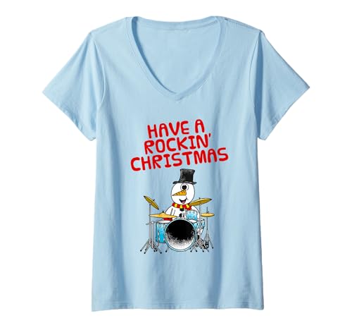 Damen Weihnachtstrommler, Schneemann spielt Schlagzeug T-Shirt mit V-Ausschnitt Damen Weihnachtstrommler, Schneemann spielt Schlagzeug T-Shirt mit V-Ausschnitt von Have A Rockin' Christmas Drummer By DoodleRob