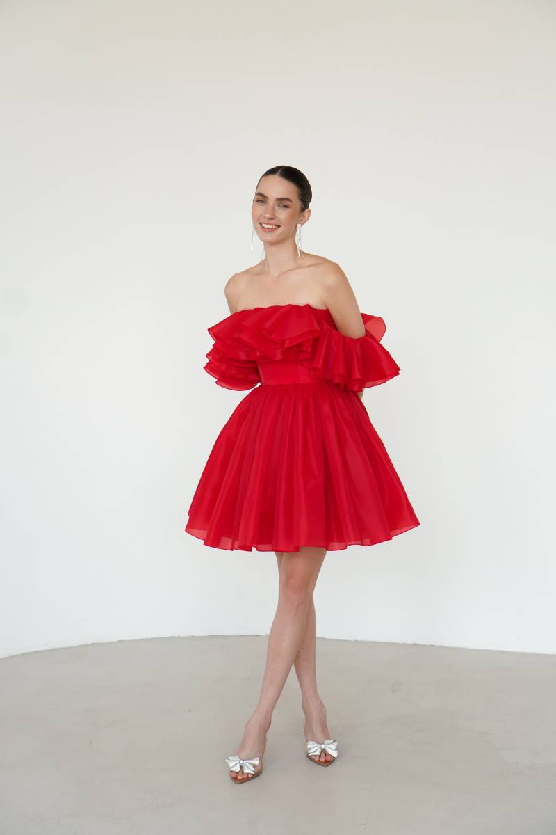 Rotes Organza Kurzes Kleid Strapless Ruffle Party Mini von HaveDressStore