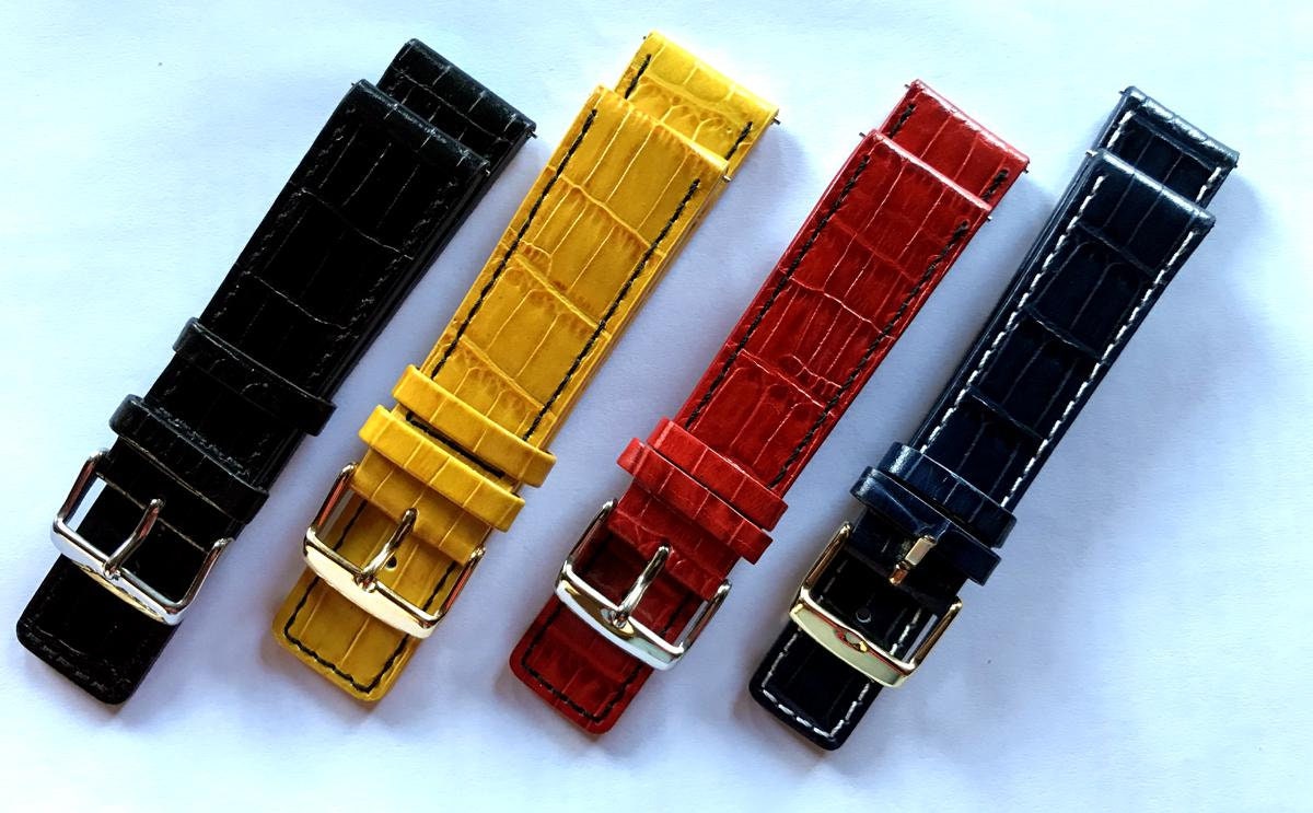 Set 4 Leder Uhrenarmbänder 20mm, Edelstahlschliesse - Schwarz-Blau-Rot Gelb , Push-Pin System- Wechsel in Sekunden-Top Qualität- 9, 90 Euro Set 4 Leder Uhrenarmbänder 20mm, Edelstahlschliesse - Schwarz-Blau-Rot Gelb , Push-Pin System- Wechsel in Sekunden-Top Qualität- 9, 90 Euro von HaveToHaveCollects