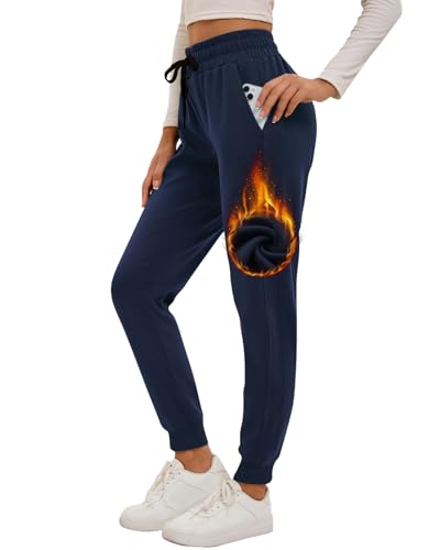 Havideto Gefütterte Jogginghose Damen Winter Warme Fleecehose Verdickte Thermohose High Waist Winterhose Sweathose mit Taschen Verstellbarer Kordelzug Dunkelblau S von Havideto