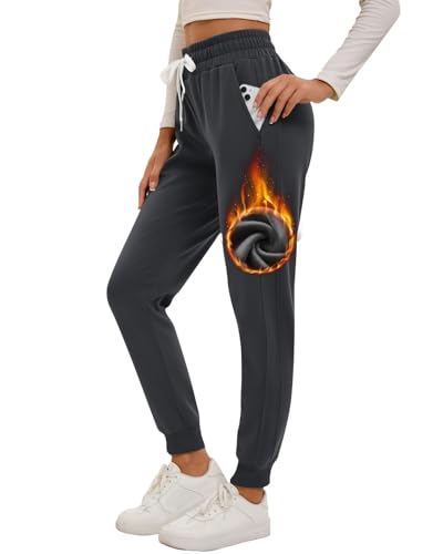 Havideto Gefütterte Jogginghose Damen Winter Warme Fleecehose Verdickte Thermohose High Waist Winterhose Sweathose mit Taschen Verstellbarer Kordelzug Grau M von Havideto