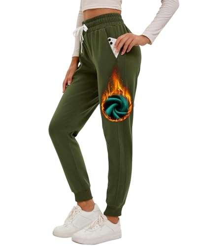 Havideto Gefütterte Jogginghose Damen Winter Warme Fleecehose Verdickte Thermohose High Waist Winterhose Sweathose mit Taschen Verstellbarer Kordelzug Grün XL von Havideto