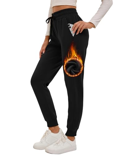 Havideto Gefütterte Jogginghose Damen Winter Warme Fleecehose Verdickte Thermohose High Waist Winterhose Sweathose mit Taschen Verstellbarer Kordelzug Schwarz M von Havideto