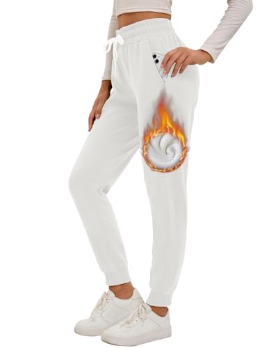 Havideto Gefütterte Jogginghose Damen Winter Warme Fleecehose Verdickte Thermohose High Waist Winterhose Sweathose mit Taschen Verstellbarer Kordelzug Weiß L von Havideto