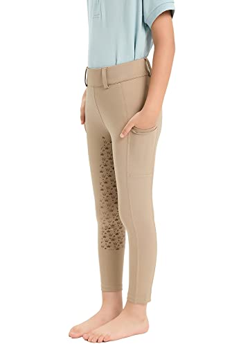 Havideto Reitleggings Mädchen mit Silikon Vollbesatz, Elastische Reithose Kinder Mädchen mit Gürtelschlaufen Seitliche Tasche Khaki S von Havideto