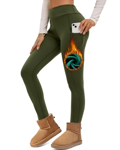 Havideto Thermo Leggings Damen Winter High Waist Fleece Gefüttert Leggins Warme Dicke Plüsch Leggings Stretch Blickdicht mit Taschen Grün L von Havideto