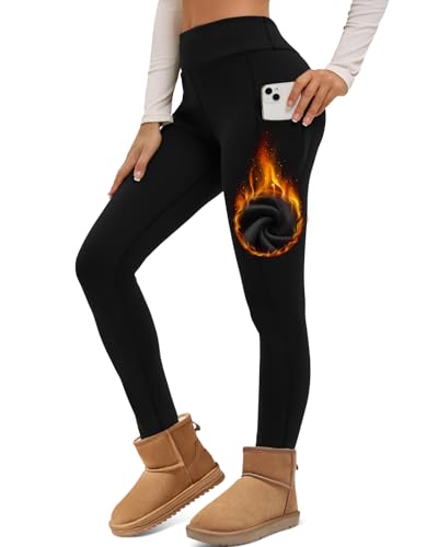 Havideto Thermo Leggings Damen Winter High Waist Fleece Gefüttert Leggins Warme Dicke Plüsch Leggings Stretch Blickdicht mit Taschen Schwarz L von Havideto