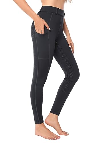 Reitleggings Damen Vollbesatz mit Handytasche, High Waist Reithose Damen Mädchen Stretch mit Gürtelschlaufen Grau M von Havideto