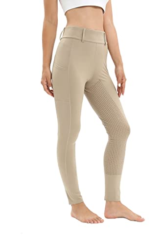 Reitleggings Damen Vollbesatz mit Handytasche, High Waist Reithose Damen Mädchen Stretch mit Gürtelschlaufen Khaki L von Havideto