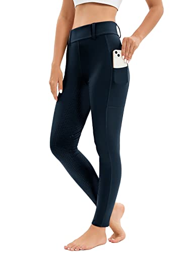 Reitleggings Damen Vollbesatz mit Handytasche, High Waist Reithose Damen Mädchen Stretch mit Gürtelschlaufen Marine Blau 3XL von Havideto