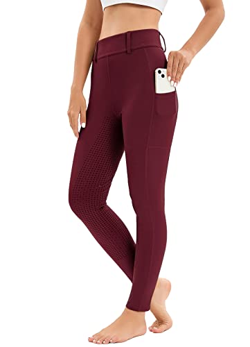 Reitleggings Damen Vollbesatz mit Handytasche, High Waist Reithose Damen Mädchen Stretch mit Gürtelschlaufen Rot 3XL von Havideto