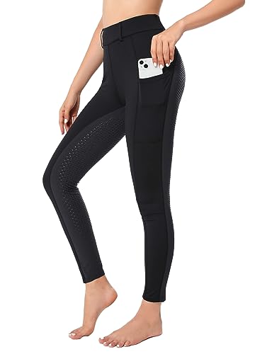 Reitleggings Damen Vollbesatz mit Handytasche, High Waist Reithose Damen Mädchen Stretch mit Gürtelschlaufen Schwarz+Grau M von Havideto