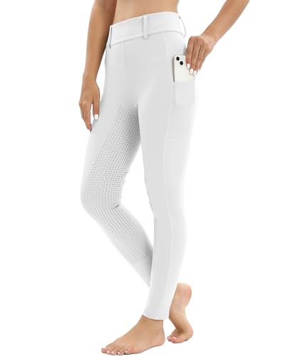 Reitleggings Damen Vollbesatz mit Handytasche, High Waist Reithose Damen Mädchen Stretch mit Gürtelschlaufen Weiß XL von Havideto