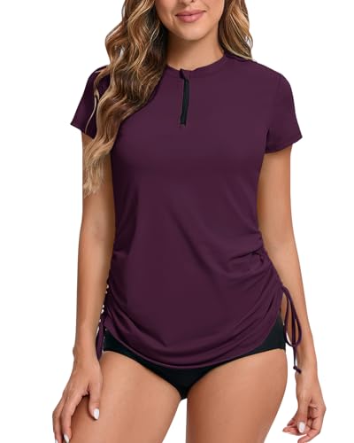UV Shirt Damen Wasser 1/4 Reißverschluss Schwimmshirt Rashguard Damen Badeshirt Kurzarm Schwimm Tshirt Verstellbarer Saum UPF 50+ Fuchsie L von Havideto