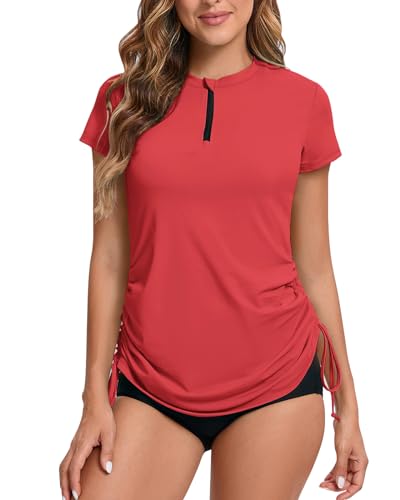 UV Shirt Damen Wasser 1/4 Reißverschluss Schwimmshirt Rashguard Damen Badeshirt Kurzarm Schwimm Tshirt Verstellbarer Saum UPF 50+ Wassermelone Rot XL von Havideto
