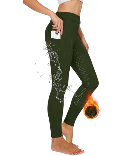 Winter Reitleggings Damen Vollbesatz Thermo Reithose Damen Fleece Gefüttert Wasserdicht mit Handytasche Gürtelschlaufen Grün M von Havideto