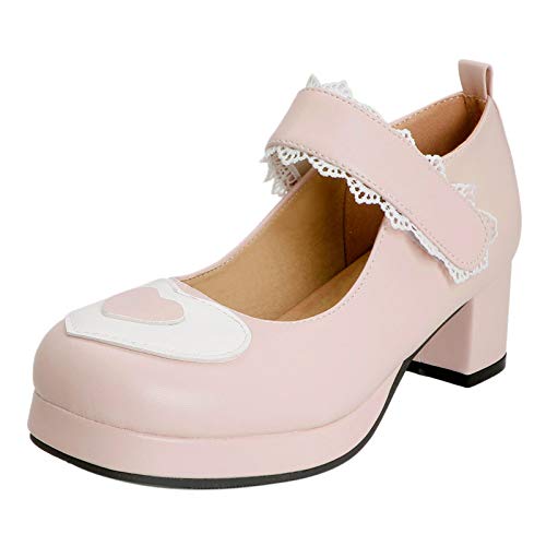 HavueGatue Damen Sweet Mary Jane Plateau Schuhe Blockabsatz Kleid Schuhe Klettverschluss Pink Große 46 Asiatisch von HavueGatue