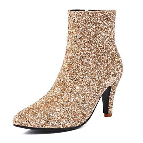 HavueGatue Frauen Spitze Zehen Glitzer Knöchelhohe Stiefel Seitenreißverschluss Stiletto Hoher Absatz Glänzende Stiefel Gold Größenangabe 39 von HavueGatue