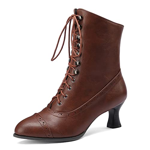 HavueGatue Viktorianische Stiefel Damen Stiefeletten Zum Schnüren Mit Absatz Spitz Stiefeletten Reißverschluss Braun Größenangabe 39 von HavueGatue