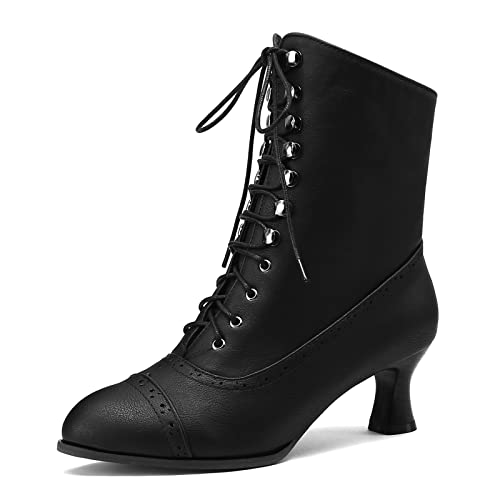 HavueGatue Viktorianische Stiefel Damen Stiefeletten Zum Schnüren Mit Absatz Spitz Stiefeletten Reißverschluss Schwarz Größenangabe 42 von HavueGatue