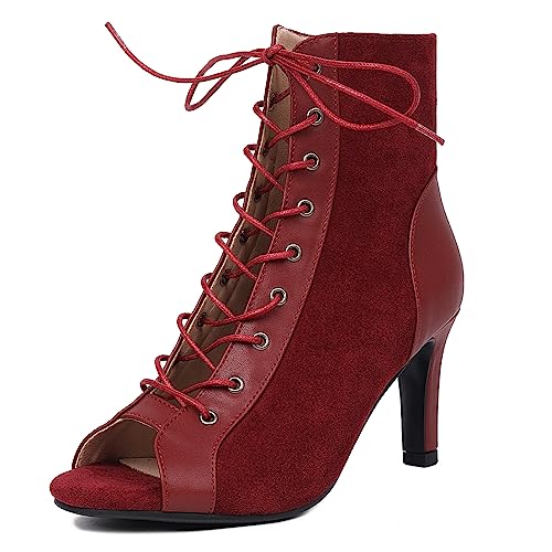 HavueGatue Wildleder Ball Absatz for Damen Schnüren Peep Toe Sommer Stiefelettens Stiletto Höhe Ferse Sexy Dancing Schuhe Claret Mark Große 39 von HavueGatue