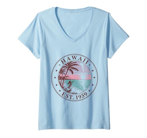 Damen Hawaii Boho State 1959 Trikot Hula Volcano Tropical T-Shirt mit V-Ausschnitt von Hawaii Boho State 1959 Tee Shirts Island