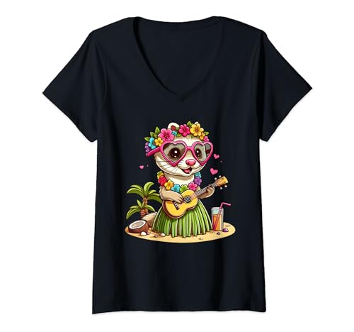 Damen Lustiges Frettchen Hawaii-Kostüm Kinder Sommer Urlaub Frettchen T-Shirt mit V-Ausschnitt von Hawaii Ferret Summer Costume For Women Men