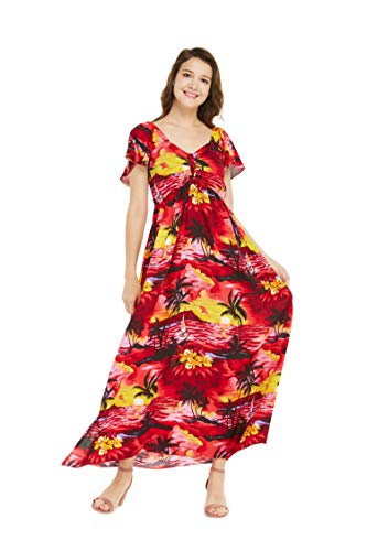 Damen Hawaiianisches Maxikleid mit Rüschen am Ärmel Sonnenuntergang - Rot - Einheitsgröße(Small/Large) von Hawaii Hangover