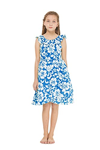 Girl Luau Wickelkleid mit Rüschen in klassischem rotem Hibiskus, Klassischer blauer Hibiskus, 140 von Hawaii Hangover