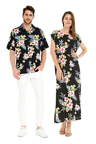 Passendes Paar-Hawaii-Hemd oder Maxi-Kleid in Hibiskusblau, Damen Hibiscus Schwarz, Groß von Hawaii Hangover