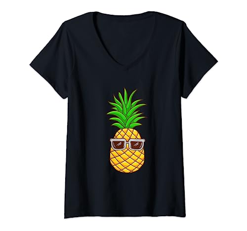 Damen Lustiges Hawaii Hemd Männer Frauen Ananas Sonnenbrille T-Shirt mit V-Ausschnitt von Hawaii Hemd Männer Frauen Ananas Sonnenbrille