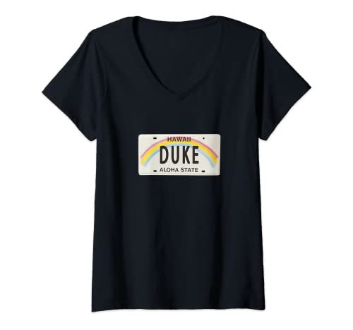 Damen Duke Hawaii Nummernschild Grafik T-Shirt mit V-Ausschnitt Damen Duke Hawaii Nummernschild Grafik T-Shirt mit V-Ausschnitt von Hawaii License Plate designs
