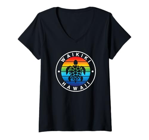 Damen Waikiki Hawaii Meeresschildkröten-Shirt im Retro-Look, Regenbogen, Sonnenuntergang T-Shirt mit V-Ausschnitt Damen Waikiki Hawaii Meeresschildkröten-Shirt im Retro-Look, Regenbogen, Sonnenuntergang T-Shirt mit V-Ausschnitt von Hawaii Tribal Tattoo Design Scuba Diving Souvenirs
