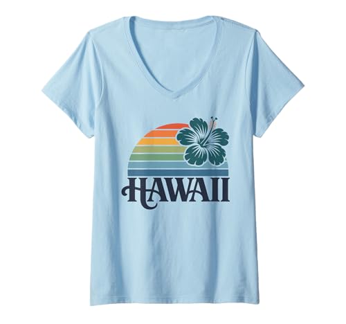 Damen Hawaii Vintage Retro Hibiskus Blume Aloha Strand Surfen T-Shirt mit V-Ausschnitt Damen Hawaii Vintage Retro Hibiskus Blume Aloha Strand Surfen T-Shirt mit V-Ausschnitt von Hawaii Vintage Retro Graphic Insel Designs