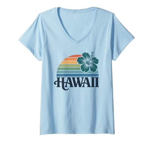 Damen Hawaii Vintage Retro Hibiskus Blume Aloha Strand Surfen T-Shirt mit V-Ausschnitt Damen Hawaii Vintage Retro Hibiskus Blume Aloha Strand Surfen T-Shirt mit V-Ausschnitt von Hawaii Vintage Retro Graphic Insel Designs