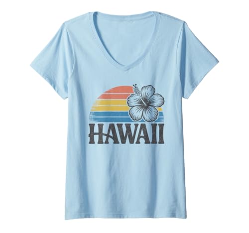 Damen Hawaii Vintage Retro Hibiskus Blume Aloha Strand Surfen T-Shirt mit V-Ausschnitt Damen Hawaii Vintage Retro Hibiskus Blume Aloha Strand Surfen T-Shirt mit V-Ausschnitt von Hawaii Vintage Retro Graphic Insel Designs
