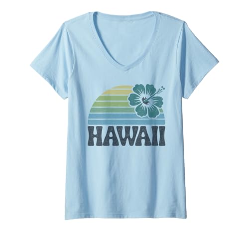 Damen Hawaii Vintage Retro Hibiskus Blume Aloha Strand Surfen T-Shirt mit V-Ausschnitt Damen Hawaii Vintage Retro Hibiskus Blume Aloha Strand Surfen T-Shirt mit V-Ausschnitt von Hawaii Vintage Retro Graphic Insel Designs