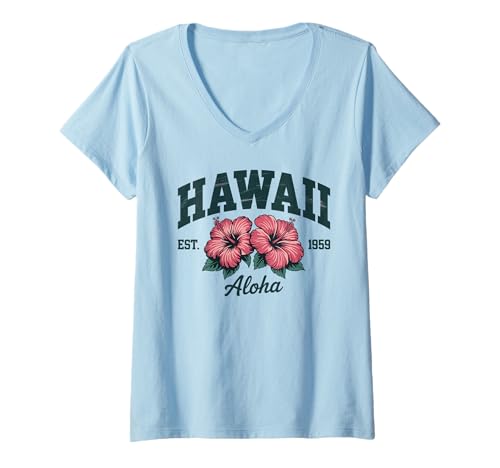 Damen Hawaii Vintage Retro Hibiskus Blume Aloha Strand Surfen T-Shirt mit V-Ausschnitt Damen Hawaii Vintage Retro Hibiskus Blume Aloha Strand Surfen T-Shirt mit V-Ausschnitt von Hawaii Vintage Retro Graphic Insel Designs