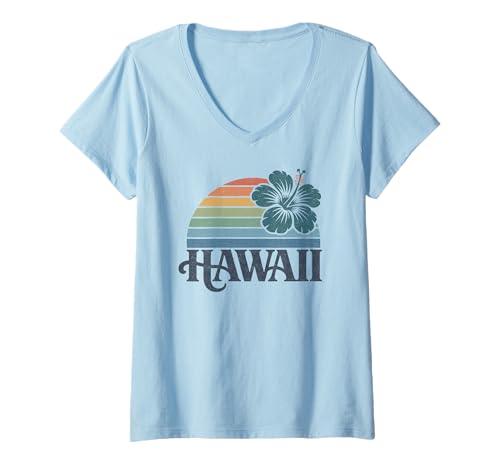 Damen Hawaii Vintage Retro Hibiskus Blume Aloha Strand Surfen T-Shirt mit V-Ausschnitt Damen Hawaii Vintage Retro Hibiskus Blume Aloha Strand Surfen T-Shirt mit V-Ausschnitt von Hawaii Vintage Retro Graphic Insel Designs