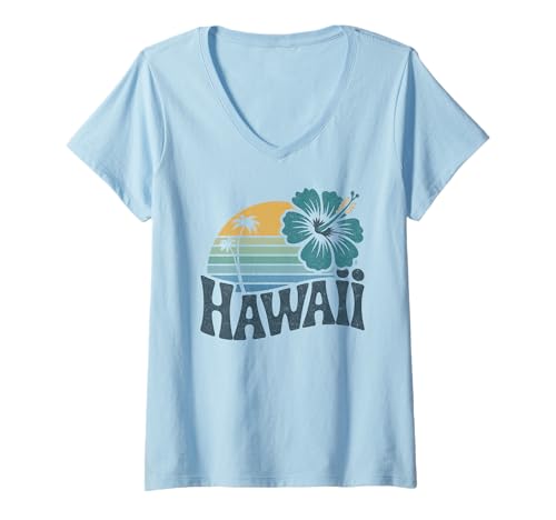 Damen Hawaii Vintage Retro Hibiskus Blume Aloha Strand Surfen T-Shirt mit V-Ausschnitt Damen Hawaii Vintage Retro Hibiskus Blume Aloha Strand Surfen T-Shirt mit V-Ausschnitt von Hawaii Vintage Retro Graphic Insel Designs