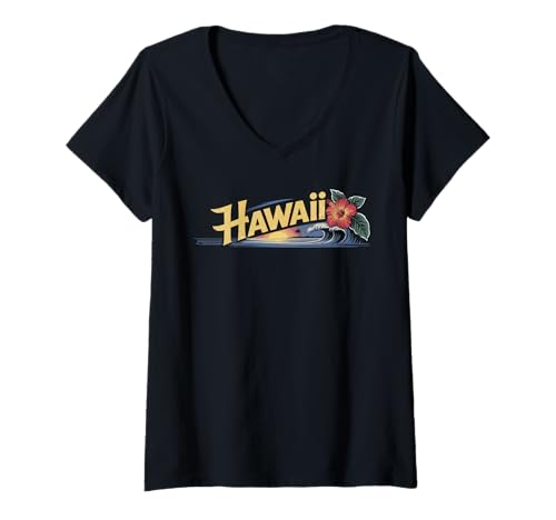 Damen Hawaii Vintage Retro Hibiskus Blume Aloha Strand Surfen T-Shirt mit V-Ausschnitt Damen Hawaii Vintage Retro Hibiskus Blume Aloha Strand Surfen T-Shirt mit V-Ausschnitt von Hawaii Vintage Retro Graphic Insel Designs