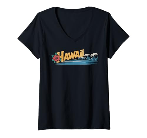 Damen Hawaii Vintage Retro Hibiskus Blume Aloha Strand Surfen T-Shirt mit V-Ausschnitt Damen Hawaii Vintage Retro Hibiskus Blume Aloha Strand Surfen T-Shirt mit V-Ausschnitt von Hawaii Vintage Retro Graphic Insel Designs