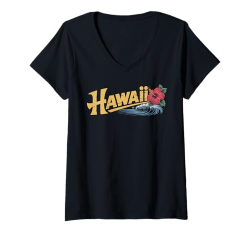 Damen Hawaii Vintage Retro Hibiskus Blume Aloha Strand Surfen T-Shirt mit V-Ausschnitt Damen Hawaii Vintage Retro Hibiskus Blume Aloha Strand Surfen T-Shirt mit V-Ausschnitt von Hawaii Vintage Retro Graphic Insel Designs