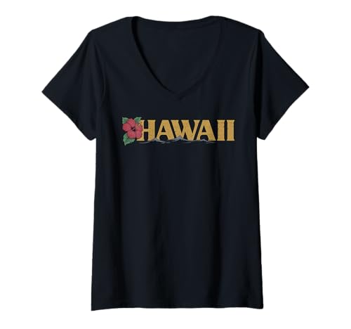 Damen Hawaii Vintage Retro Hibiskus Blume Aloha Strand Surfen T-Shirt mit V-Ausschnitt Damen Hawaii Vintage Retro Hibiskus Blume Aloha Strand Surfen T-Shirt mit V-Ausschnitt von Hawaii Vintage Retro Graphic Insel Designs