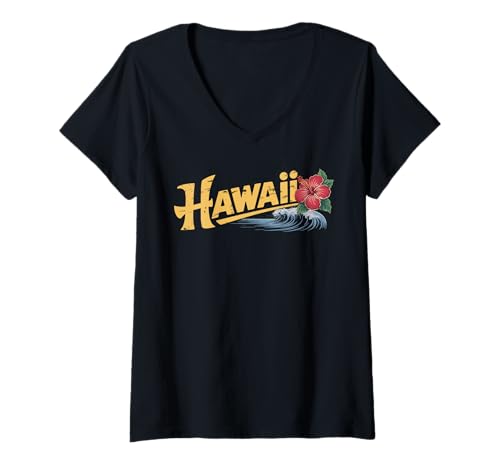 Damen Hawaii Vintage Retro Hibiskus Blume Aloha Strand Surfen T-Shirt mit V-Ausschnitt Damen Hawaii Vintage Retro Hibiskus Blume Aloha Strand Surfen T-Shirt mit V-Ausschnitt von Hawaii Vintage Retro Graphic Insel Designs